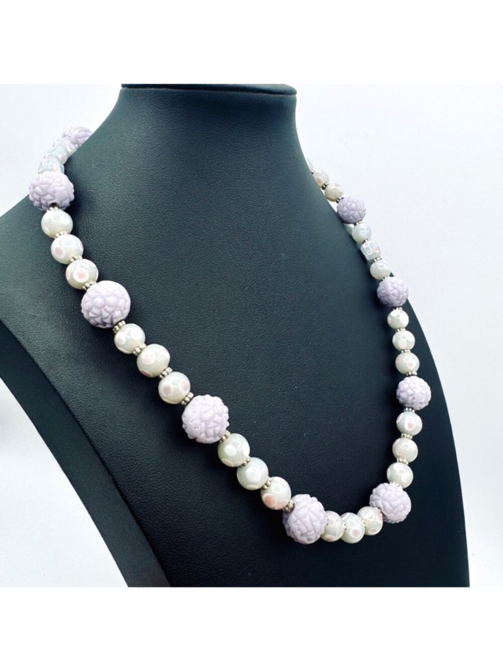Lavender Lilac Glass Bead Necklace Handmade Pastel Silver Tone 20" Cottagecore - Picture 3 of 6